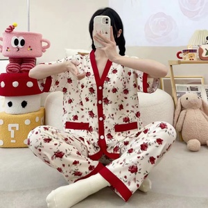 <span class=keywords><strong>Pantaloni</strong></span> da notte estivi da <span class=keywords><strong>donna</strong></span> Hua Er in seta a manica corta 2 pezzi da salotto per la <span class=keywords><strong>casa</strong></span> pigiama con collo Kimono di lusso in raso - Product Image 2