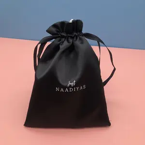 Wholesale Black Drawstring Custom Satin Jewelry Bag With White Satin Lining Satin Jewelry Package Pouches Bags With Logo