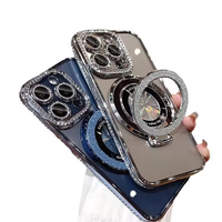 Étui de téléphone magnétique en TPU avec support et poignée, orné de paillettes de luxe et de diamants pour