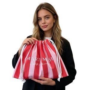 Bolsas de Lona de Muselina Blanca Pequeñas Personalizadas de Moda Orgánica para Mujer, Bolsa de Algodón a Rayas con Cordón y Logotipo Personalizado - Product Image 1
