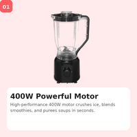 Mixeur Électrique Portable Haute Puissance en Plastique 400W, 3 Vitesses, Capacité 1,5L, à Vitesse Variable, Appareil Ménager Multifonctionnel