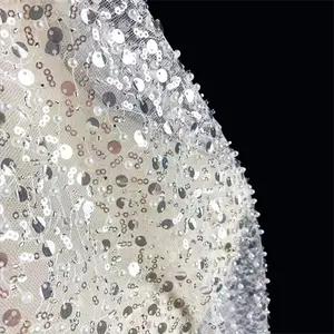 Hot Sale White Shining Beads And Pearls Sequins Fabric For Wedding Bridal Lace Dress