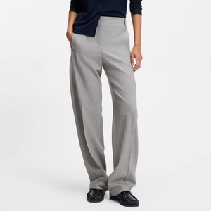 Pantalon de travail gris clair texturé taille haute plissé à jambe large coupe droite en mélange de lin respirant pour le bureau et les affaires - Product Image 1