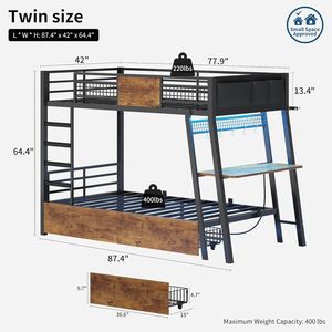 Lits superposés jumeaux avec tiroirs de rangement, lumières LED RGB, prises de courant de bureau, vente chaude - Product Image 2