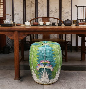 เก้าอี้กลองเซรามิกลายผักกวางตุ้งวาดด้วยมือ เก้าอี้เซรามิกจีนลายดอกไม้สีชมพูสไตล์วินเทจ เก้าอี้เซรามิกสีเขียวสำหรับสวน - Product Image 1