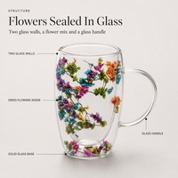 Mug en verre à double paroi avec fleurs séchées mélangées et poignée en verre, tasse à café ou à thé transparente, vaisselle pour la maison, le café ou comme cadeau