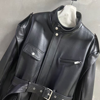 Veste en cuir véritable personnalisée Jxwatcher à col rabattu avec ceinture, style motard, fermeture éclair, veste en cuir vintage noire pour femmes