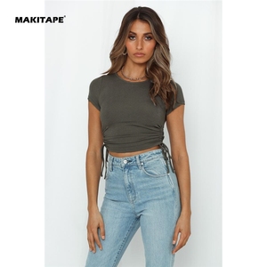 T-shirts courts d'été HG66 pour femmes, couleur unie, sexy, avec boutons et perles, écologiques, à découpes - Vente en gros - Product Image 2