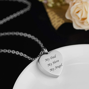 Colgante de collar de urna conmemorativa de cremación de acero inoxidable, cenizas conmemorativas en forma de corazón chapadas en plata para mi padre, mi héroe - Product Image 5