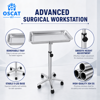Chariot à plateaux médical OSCAT en acier inoxydable, plateau épaissi, poli miroir, rotatif, hauteur réglable, pour hôpital, dentisterie, vétérinaire