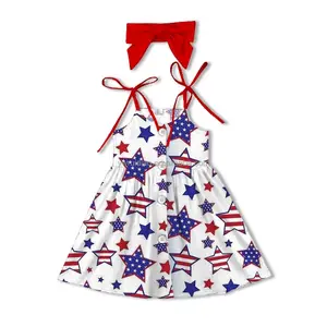 Vestido de verão para bebês americanos, vestido fofo com suspensório para meninas, roupa de 4 de julho, vestido de estrela para meninas, boutique