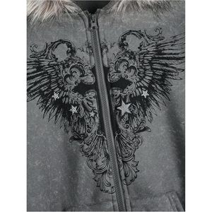 Veste polaire oversize zippée pour femme, style gothique, avec capuche en fourrure, ailes et croix, streetwear - Product Image 4