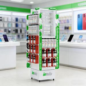 Free Design 4-Panel Revolving Metal Rack with <b>Hooks</b> Multi-Use Floor Display Stand for Mobile Accessories Charger & Data <b>Cable</b> - Product Image 1