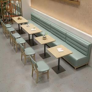 Muebles <span class=keywords><strong>para</strong></span> Cafetería, Diseño Curvo Verde, Asientos Tipo Sofá con Mesas <span class=keywords><strong>de</strong></span> Comedor Cuadradas y Sillas con Marco <span class=keywords><strong>de</strong></span> Madera, Conjunto <span class=keywords><strong>para</strong></span> Restaurante - Product Image 4