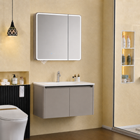 Meuble-lavabo mural flottant minimaliste avec armoire miroir à double porte, design à poignée dissimulée, unité de rangement moderne pour salle de bain