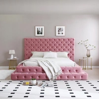 Lit King/Queen de Luxe Rembourré en Velours Rose Tufté Style Européen, Tête de Lit Haute, Prix Usine, OEM, pour Chambre Parentale/Villa