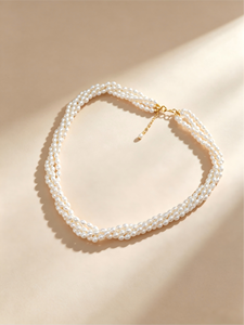 Collar de Perlas de Agua Dulce de Triple Hilera, Hecho a Mano, Chapado en Oro de 14K, Joyería de Perlas de Arroz Multicapa para Mujer, Elegante - Product Image 1