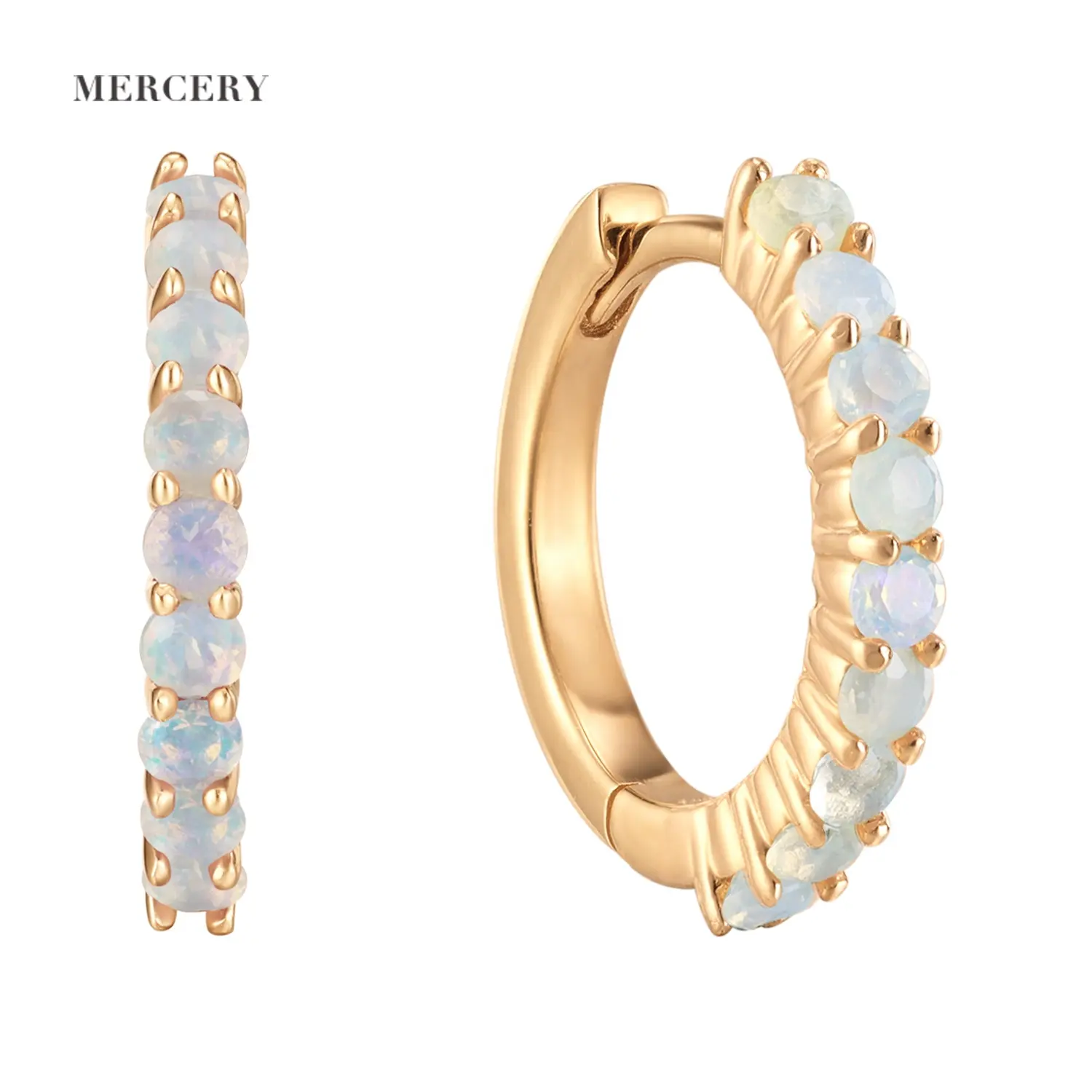 Mercery October Birthstone Australian Opal Earrings Jewelry Coloured Gemstones 14k Solid Gold Small Hoop Huggie Earrings