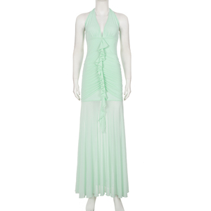Vestido largo maxi de sirena sexy y adelgazante con cuello halter, cuello en V profundo y espalda con lazo de malla, ideal para vacaciones en la playa, para mujer. - Product Image 6