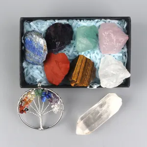 Grosir 7 Set penyembuhan kristal Chakra dengan Selenite kotak penyembuhan Spiritual Set batu jatuh