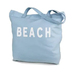 Sacola de praia de lona ecológica azul com bolsos para mulheres com zíper de proteção de areia personalizada com logotipo impresso