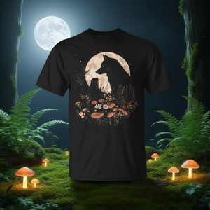 Camiseta Cottagecore Mushroom Girl And Wolf para mujer, diseño de cuello redondo negro, estampado artístico inspirado en la naturaleza - Product Image 3