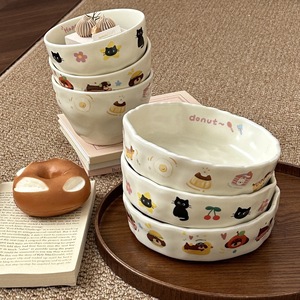 Bol à riz créatif en céramique Lelyi INS, motif chat et teckel, fait main, irrégulier, délicat et de grande valeur - Product Image 3
