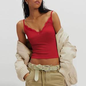 Nouveau débardeur court côtelé en maille unie à col en V sexy en dentelle, style européen et américain, pour femme, vêtement de base décontracté - Product Image 3
