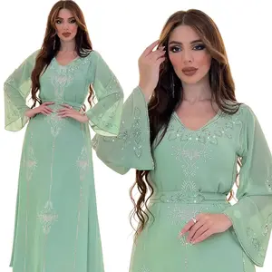 사우디 아라비아 두바이 패션 핫 다이아몬드 드레스 여름 쉬폰 가운 중동 여성복