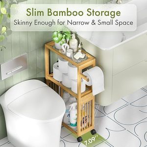 Estante de almacenamiento de madera de 3 niveles, estantería de bambú para baño con ruedas para papel higiénico y artículos de limpieza - Product Image 2