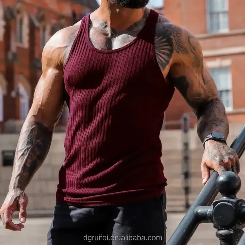 Summer streetwear custom printed high quality sustainable quare collar muscle fit 100% organic cotton ribbed tank top for men