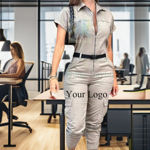 New Women's Fashion Velvet Breathable Zipper Workwear <b>Jumpsuit</b> <b>with</b> Short Sleeved Collar Multiple <b>Pockets</b> Waist Belt <b>Jumpsuit</b> - Product Image 2