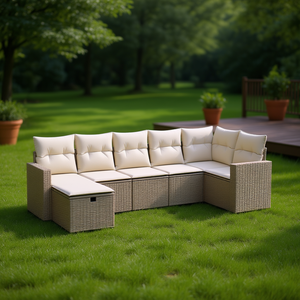 Beige Poly Rattan Sectional <b>Garden</b> <b>Sofa</b> Set With Cushion Outdoor Furniture - Product Image 2