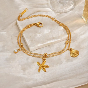 Elegante Brazalete Chapado en Oro Real de 18K Hecho de Acero Inoxidable 304 con Incrustaciones de Circonita en Forma de Estrella de Mar y Concha de Doble Capa - Product Image 3
