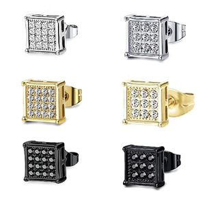316L Stainless Steel Square <b>Stud</b> <b>Earrings</b> with Multiple Embedded Zircon Stones Designed for Men - Product Image 1