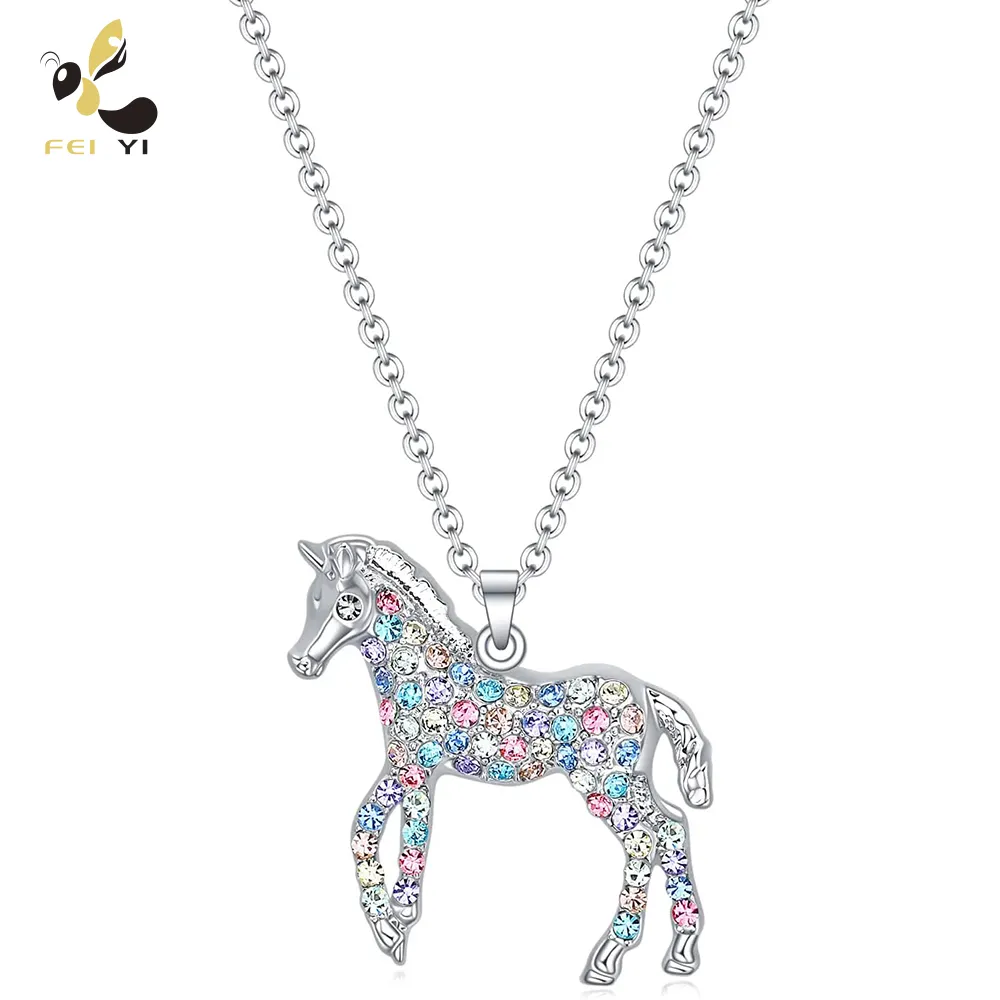 Cute Colorful Crystal Unicorn Pendant Necklace Rainbow Horse Necklaces For Girls Boys Women