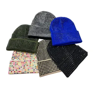 Tùy Chỉnh Kim Cương Ấm Hat Ngoài Trời In Ấn Unisex Mùa Thu Mùa Đông Khoan Rhinestone Dệt Kim Beanie Cho Nam Giới Và Phụ Nữ