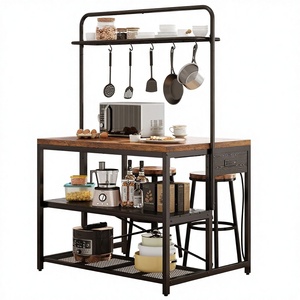 Mesa de Cocina Grande de 46 Pulgadas con Tomacorriente, Estante de Almacenamiento de 3 Niveles para Microondas, Estante para <span class=keywords><strong>Horno</strong></span>, Construcción Metálica, 5 Ganchos, Acabado Antiguo - Product Image 1