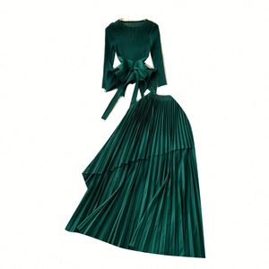 Conjunto Casual para Mujer, Blusa Midi de Manga Larga con Cuello en V, Tejido Sólido, Asimétrica, Falda Plisada de Cintura Alta, Poliéster/Algodón - Product Image 5