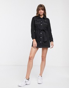 Giacca a bottone con colletto a punta a forma di bottone cravatta in vita con cuciture a contrasto con tasche funzionanti Mini camicia con cintura in Denim abito da donna - Product Image 5