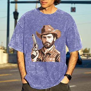 T-shirt en coton délavé à l'acide pour homme, coupe ample, style vintage et usé, avec motif de pistolet de cowboy de l'Ouest <span class=keywords><strong>ancien</strong></span>, vente en gros, stock USA - Product Image 5