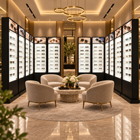 Meubles de magasin d'optique, étagères de présentation, design en MDF et verre trempé pour opticiens, vente de lunettes