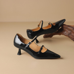 Zapatos de Tacón Alto con Doble Correa y Punta Puntiaguda, Zapatos Mary Jane Formales para Mujer, Verano Otoño, Aumento de Altura, Hebilla de Cuero Genuino, 5.5 cm - Product Image 2