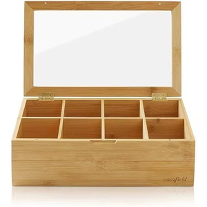 Bamboo <b>Tea</b> <b>Box</b> With Compartments Flip Top Desktop Organizer Natural Wood Color Rectangle Shape Covered Storage Case - Product Image 2