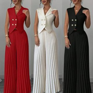 Dantel kumaş ofis giyim için moda kıyafetler yaka v yaka yelek & pileli geniş bacak pantolon seti iki parçalı kadın giyim - Product Image 3