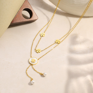 สร้อยคอรูปใบโคลเวอร์สี่แฉก ชุบทอง โลหะผสมสังกะสี สายคู่ ประดับมุก ของขวัญเครื่องประดับแฟชั่น - Product Image 2