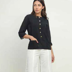 Casual Wear Women Two Piece Set Black O-Neck Gold Button Blouse with Pockets and Pleated White Wide Leg Pants Outfit - Product Image 4
