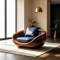 Fauteuil d'appoint design en forme de bol, avec structure en bois massif et revêtement en similicuir, pour villa, hôtel, salon