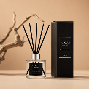 Aikun Low MOQ Hotel Any Scent Long Lasting 100ml Square <b>Clear</b> Glass Reed Diffuser Set with Sticker Logo Black <b>Box</b> For Bathroom - Product Image 1