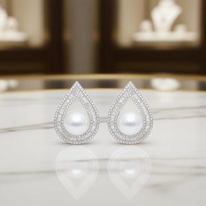 E4186 Orecchini pendenti in oro bianco con perle imitate, taglio baguette, montatura a pavé, a forma di goccia d'acqua, gioielli da sposa da donna - Product Image 2